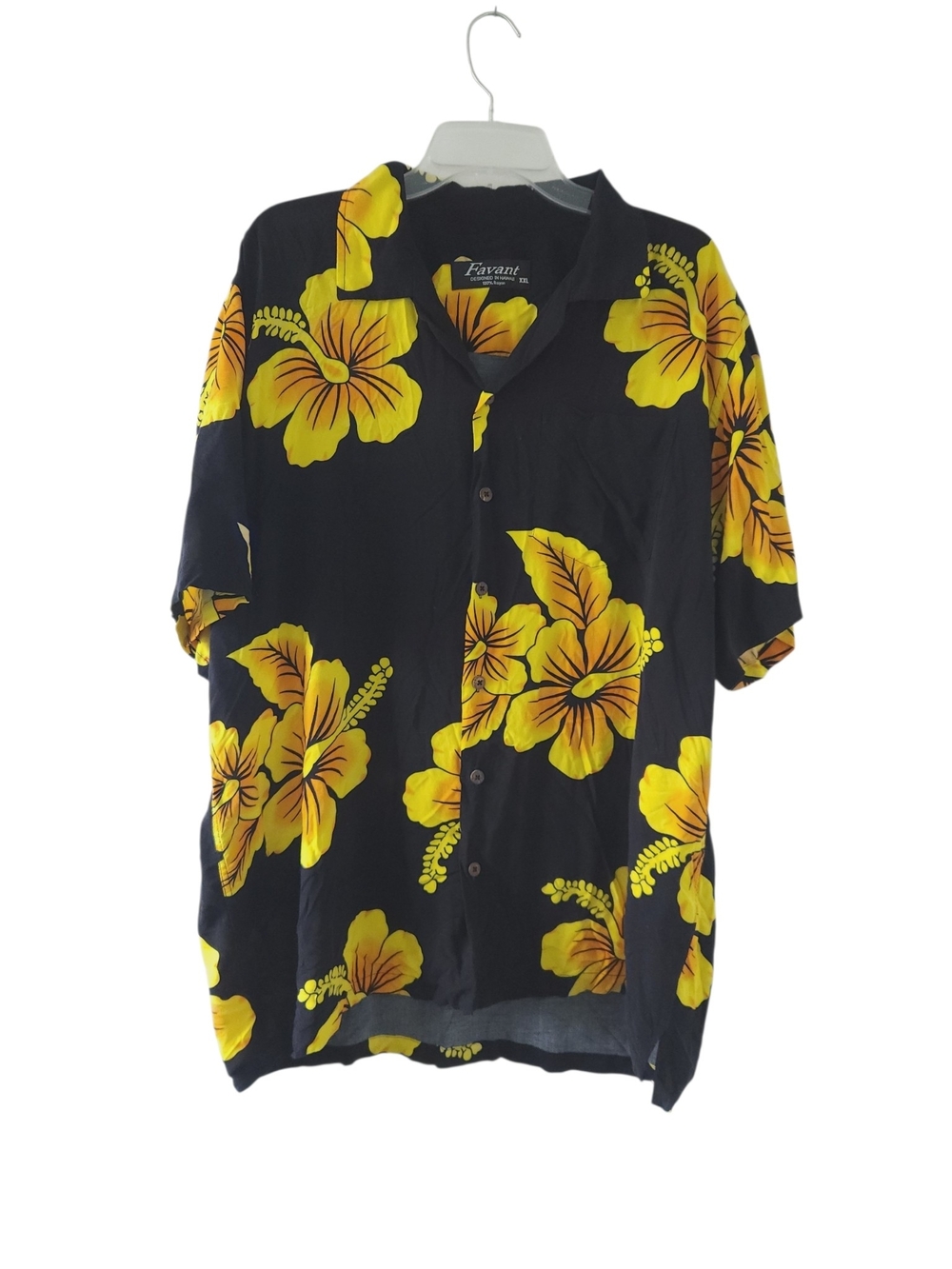 Favant Black Hawaiian Shirt Yellow Black Floral Print XXL Tropical Short Sleeve
